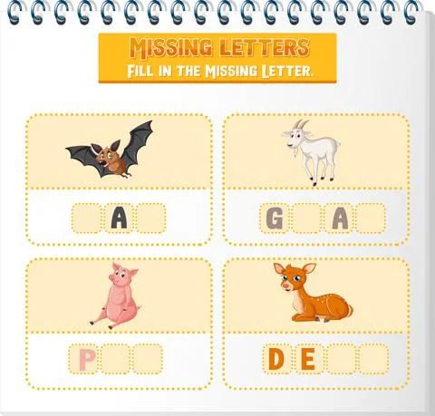Fill the missing letter of each word worksheet for children Stock Illustration