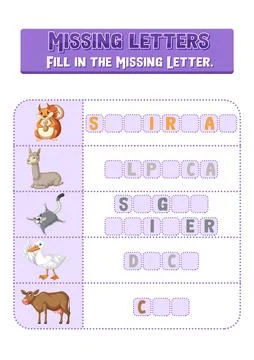 Fill the missing letter of each word worksheet for children Stock Illustration