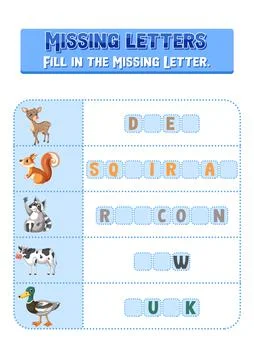 Fill the missing letter of each word worksheet for children Stock Illustration