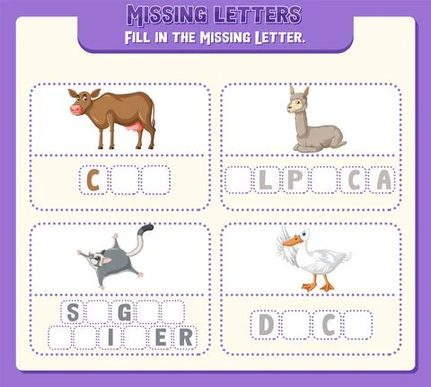 Fill the missing letter of each word worksheet for children Stock Illustration
