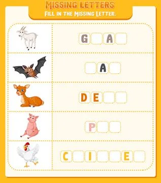 Fill the missing letter of each word worksheet for children Stock-Illustration