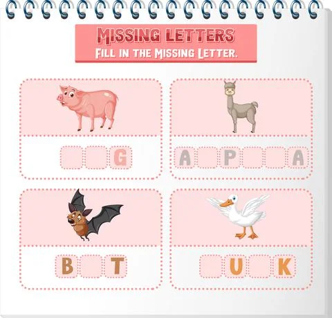 Fill the missing letter of each word worksheet for children Stock Illustration