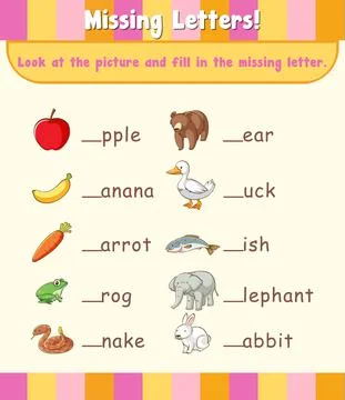 Fill in the missing letter worksheet template イラスト素材