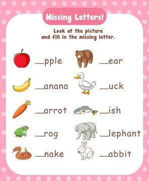 Fill in the missing letter worksheet template イラスト素材