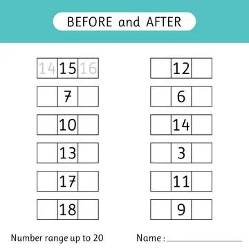 Fill in the missing numbers. Before and after. Number range up to 20. Mathe.. Stock Illustration