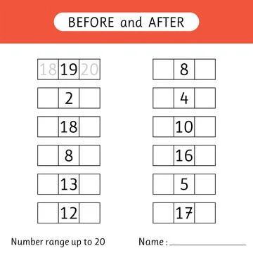 Fill in the missing numbers. Before and after. Number range up to 20. Mathe.. Stock Illustration