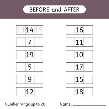 Fill in the missing numbers. Before and after. Number range up to 20. Mathe.. Stock Illustration