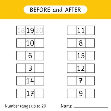 Fill in the missing numbers. Before and after. Number range up to 20. Works.. Stock Illustration