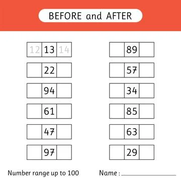 Fill in the missing numbers. Before and after. Number range up to 100. Math.. Stock Illustration