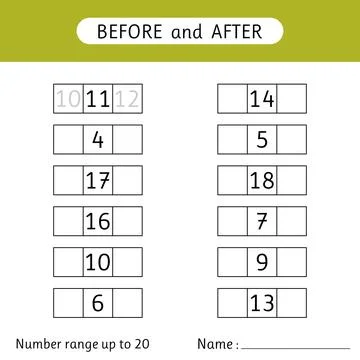 Fill in the missing numbers. Before and after. Number range up to 20. Works.. Stock Illustration
