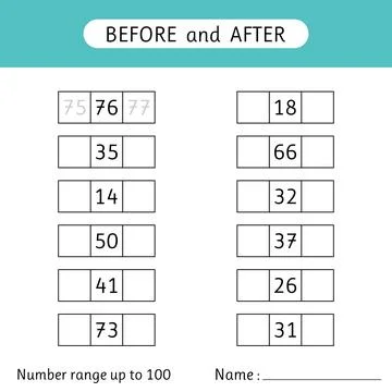 Fill in the missing numbers. Before and after. Number range up to 100. Math.. Stock Illustration