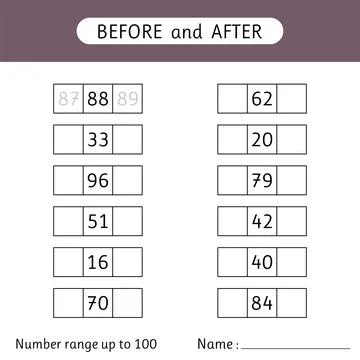 Fill in the missing numbers. Before and after. Number range up to 100. Math.. Stock Illustration