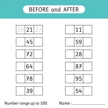 Fill in the missing numbers. Before and after. Number range up to 100. Math.. Stock Illustration