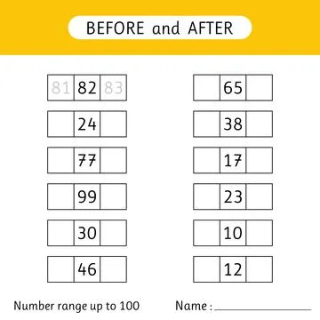 Fill in the missing numbers. Before and after. Number range up to 100. Math.. Stock Illustration