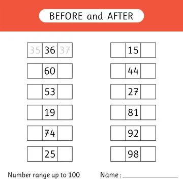 Fill in the missing numbers. Before and after. Number range up to 100. Math.. Stock Illustration