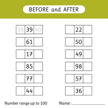 Fill in the missing numbers. Before and after. Number range up to 100. Work.. Stock Illustration