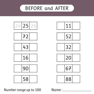 Fill in the missing numbers. Before and after. Number range up to 100. Work.. Stock Illustration
