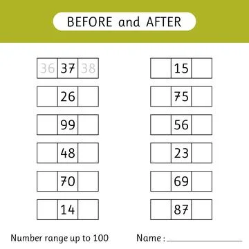 Fill in the missing numbers. Before and after. Number range up to 100. Work.. Stock Illustration