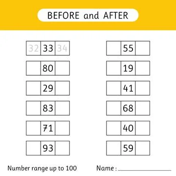 Fill in the missing numbers. Before and after. Number range up to 100. Work.. Stock Illustration