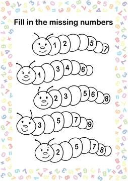 Fill the missing numbers worksheet, great for kindergarten level, vector format Stock Illustration