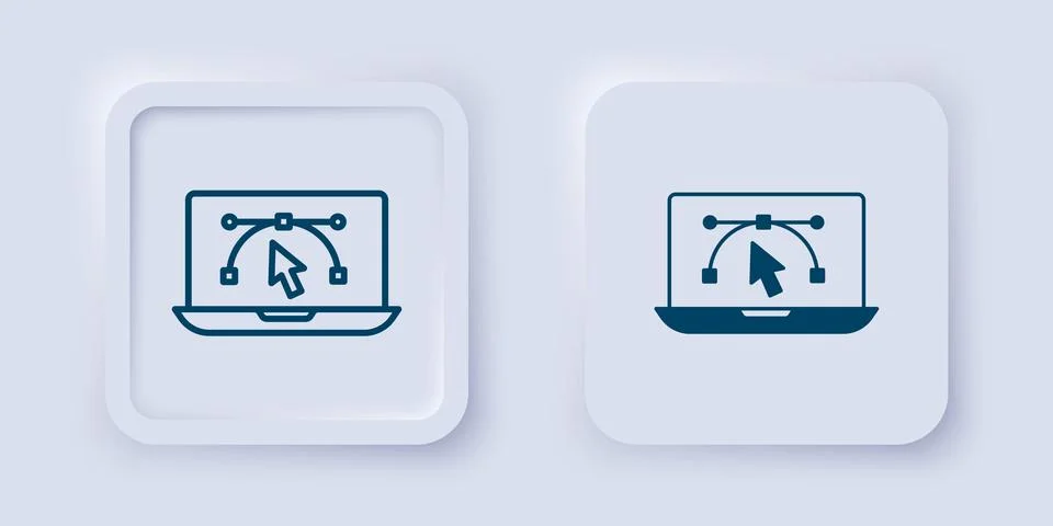 Filled and outline Computer display with vector design program icon isolate.. Illustrazione stock