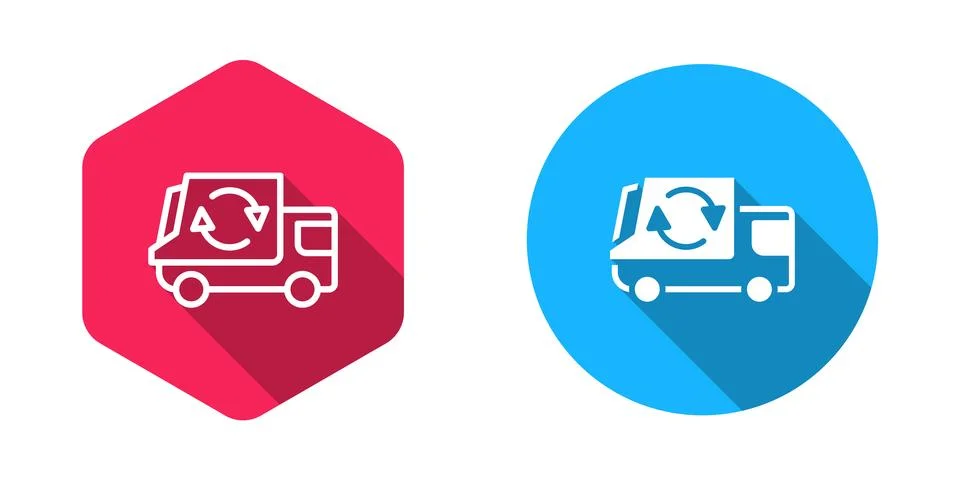 Filled and outline Garbage truck icon isolated with long shadow background... Stock Illustration