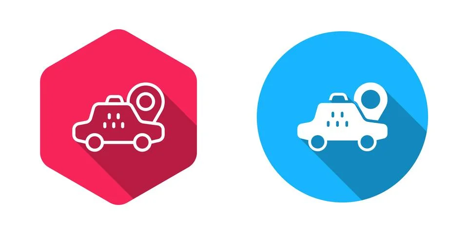 Filled and outline Map pointer with taxi car icon isolated with long shadow.. Stock Illustration