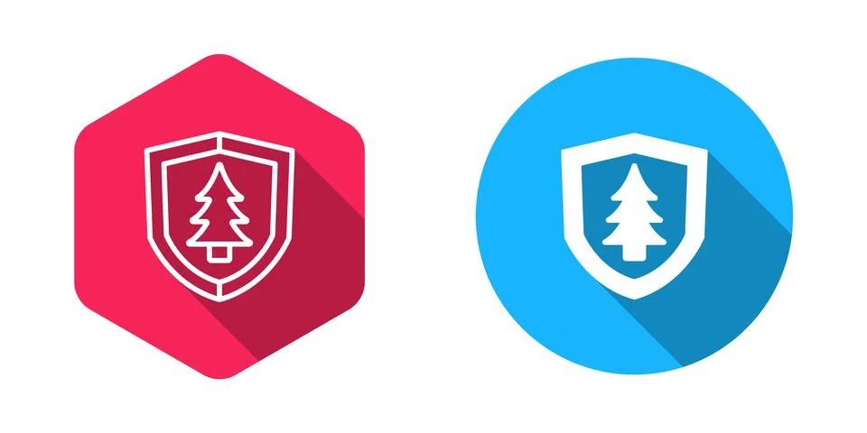 Filled and outline Shield with tree icon isolated with long shadow backgrou.. Illustrazione stock