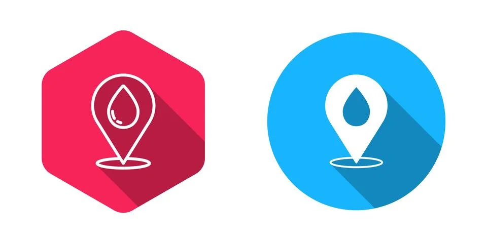 Filled and outline Water drop with location icon isolated with long shadow .. Stock Illustration