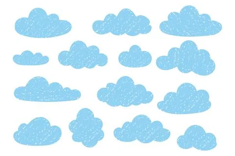 Filled blue chalk clouds with crayon texture set Stock Illustration