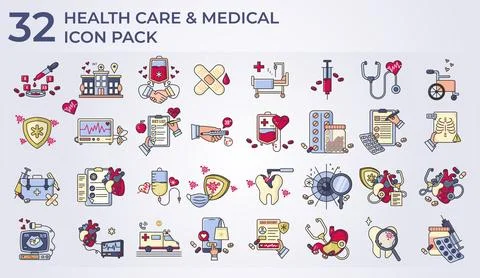 Filled color icon pack set of health care and medical icon illustration vec.. Stock Illustration
