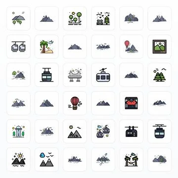 Filled Line Style Scenic Vector Icons with 36 64x64 Grid Fitted Designs Stock Illustration