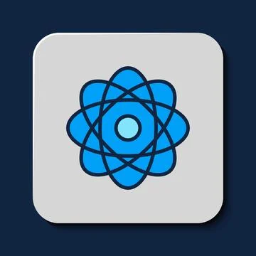 Filled outline Atom icon isolated on blue background. Symbol of science Stock Illustration