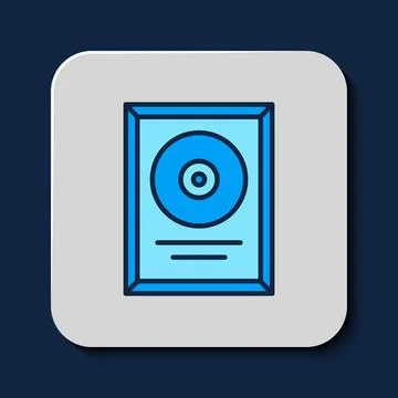 Filled outline CD disk award in frame icon isolated on blue background. Mod.. Stock Illustration