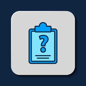 Filled outline Clipboard with question marks icon isolated on blue background Stock Illustration