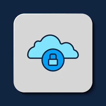 Filled outline Cloud computing lock icon isolated on blue background. Secur.. Illustrazione stock