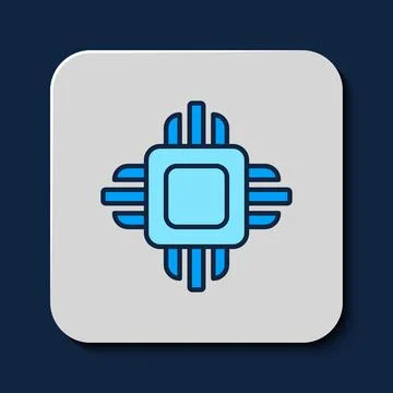 Filled outline Computer processor with microcircuits CPU icon isolated on blue Illustrazione stock