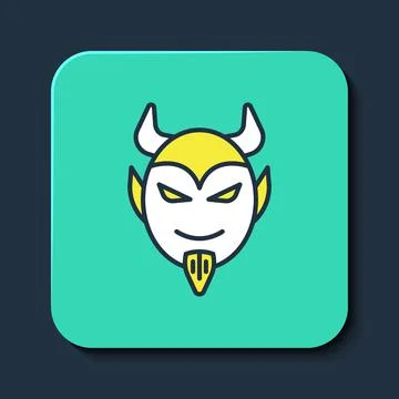 Filled outline Devil head icon isolated on blue background. Happy Halloween Stockillustratie