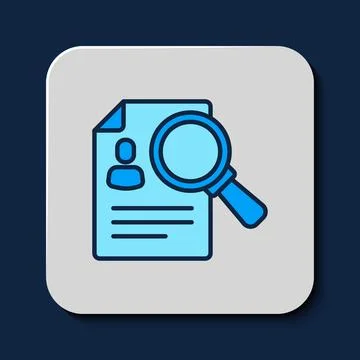 Filled outline Document, paper analysis magnifying glass icon isolated on blue Stock Illustration