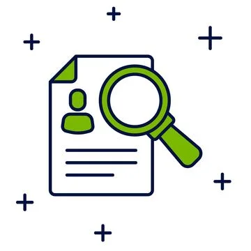 Filled outline Document, paper analysis magnifying glass icon isolated on white Stock Illustration
