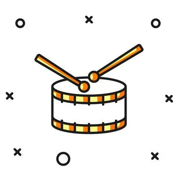 Filled outline Drum with drum sticks icon isolated on white background. Mus.. Stock Illustration