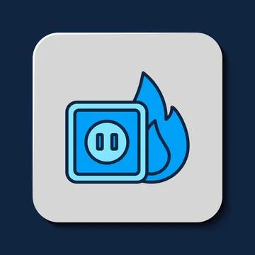Filled outline Electric wiring of socket in fire icon isolated on blue back.. Stock Illustration
