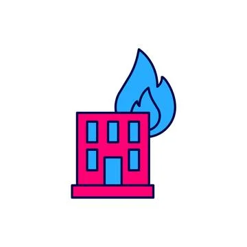 Filled outline Fire in burning building on city street icon isolated on whi.. Ilustración de archivo