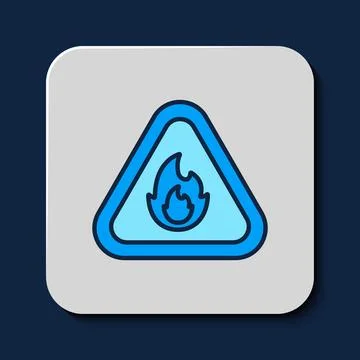 Filled outline Fire flame in triangle icon isolated on blue background. Warning Illustrazione stock