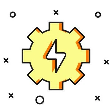 Filled outline Gear and lightning icon isolated on white background. Electr.. Stock Illustration