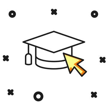 Filled outline Graduation cap with cursor icon isolated on white background.. Stock Illustration