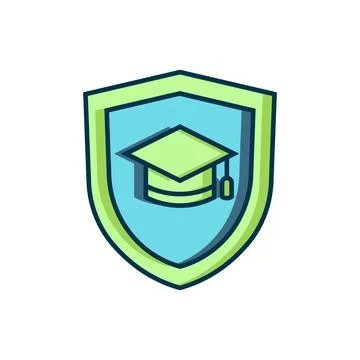 Filled outline Graduation cap with shield icon isolated on white background.. Stock Illustration