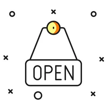 Filled outline Hanging sign with text Open door icon isolated on white back.. Stock Illustration