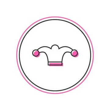 Filled outline Jester hat with bells isolated on white background. Clown ic.. Stock Illustration