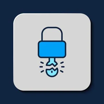 Filled outline Key broke inside of padlock icon isolated on blue background.  스톡 일러스트